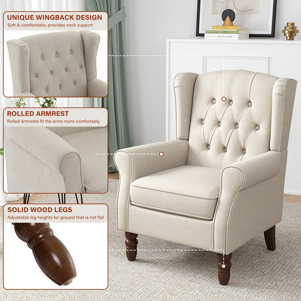 Qatiby Tufted Wingback Accent Chair, High Back Armchair for Living Room