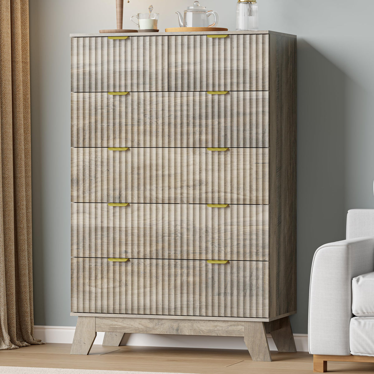 IAISRO 57-Inch Fluted 9-Drawer Dresser with Gold Handles