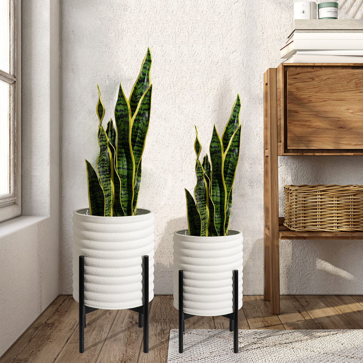 Oakrain Modern Metal Indoor Plant Pots with Stand, Set of 2
