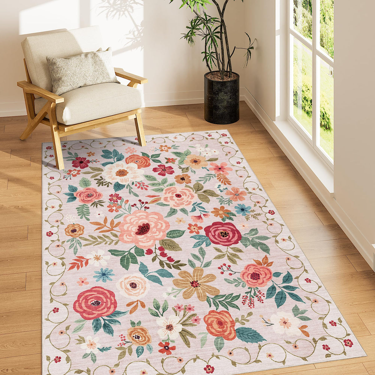 DUKINO Black Floral Area Rug for Modern Home Decor