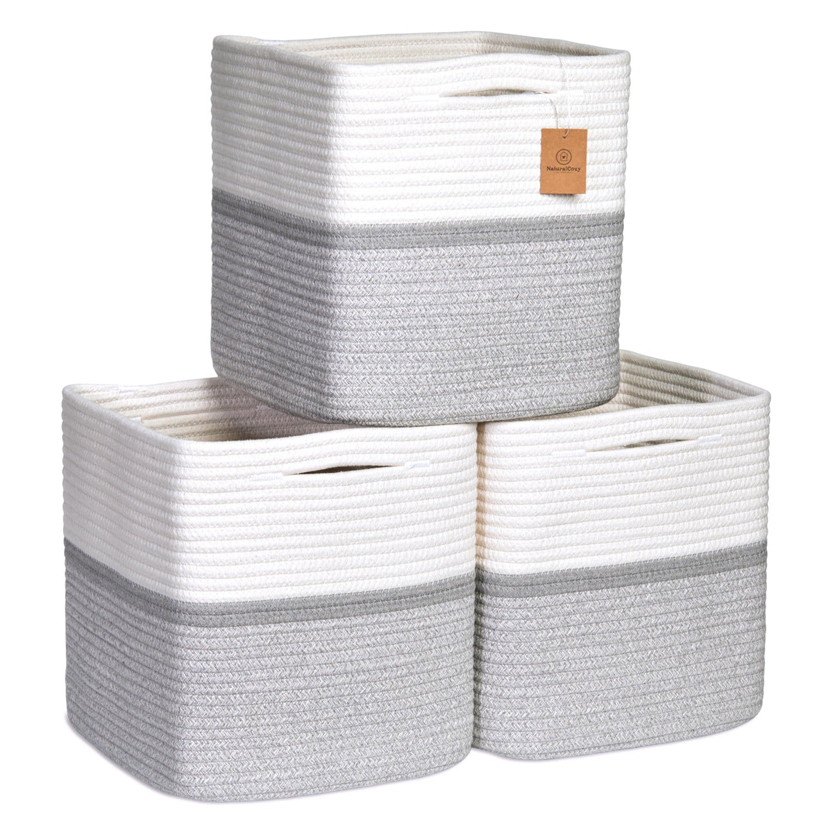 NaturalCozy 11-Inch Cube Rope Storage Baskets, 3-Pack