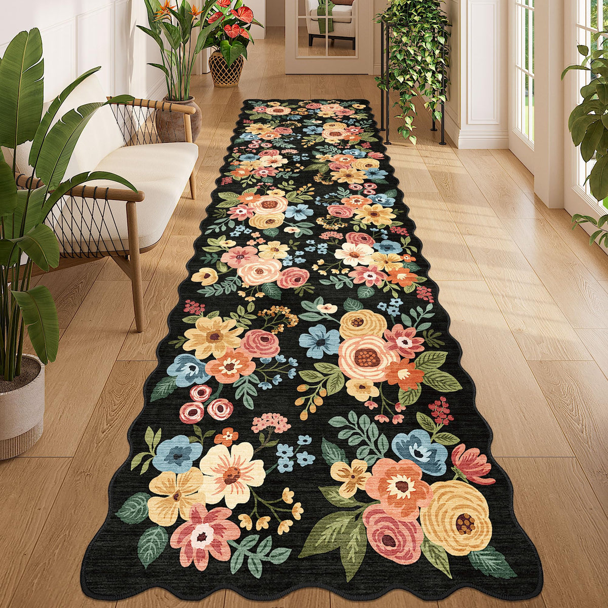DUKINO Black Floral Area Rug for Modern Home Decor