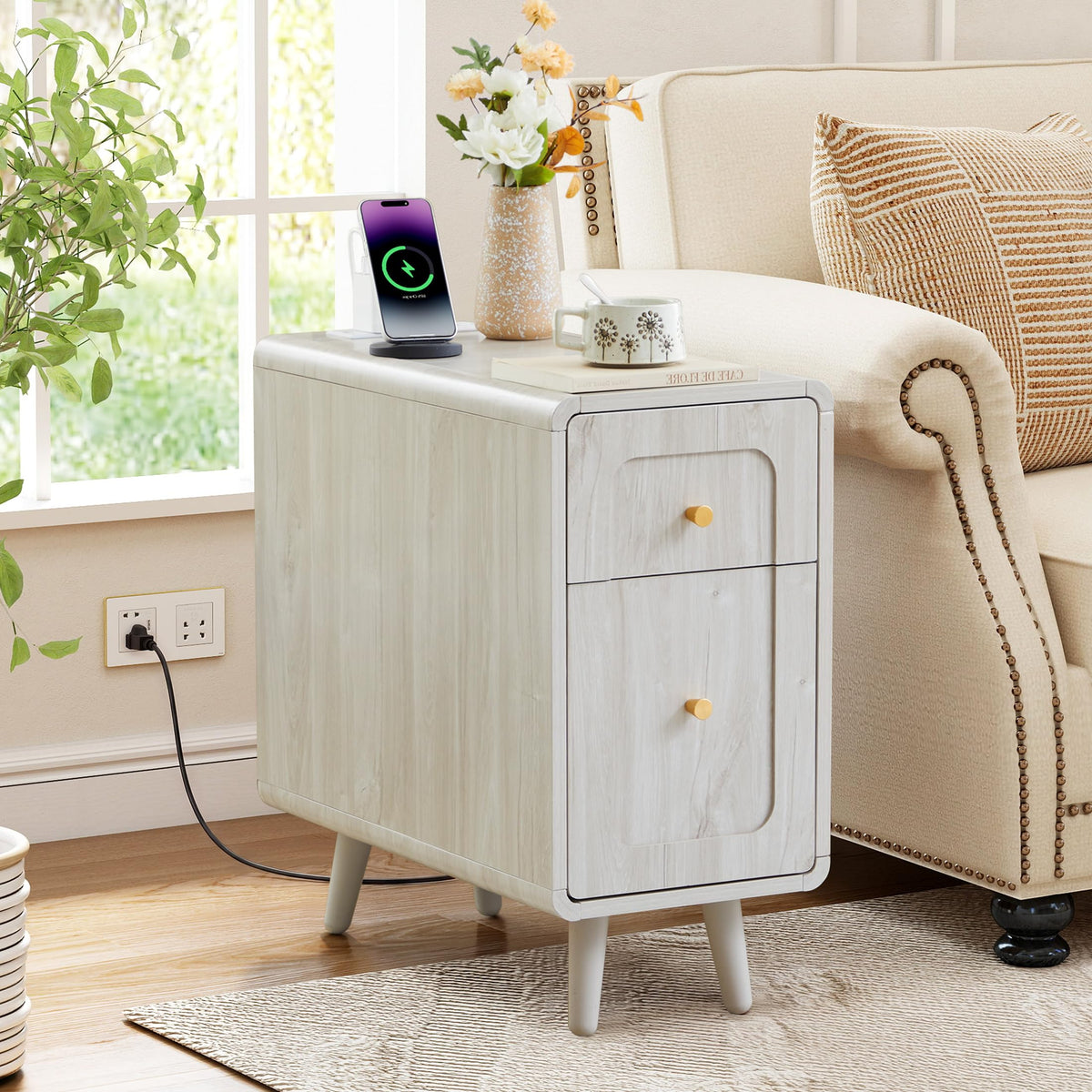 Slim Nightstand End Table with Built-In Charging Station