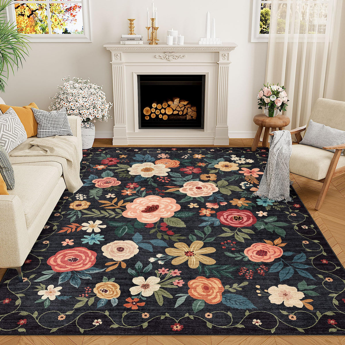 DUKINO Black Floral Area Rug for Modern Home Decor