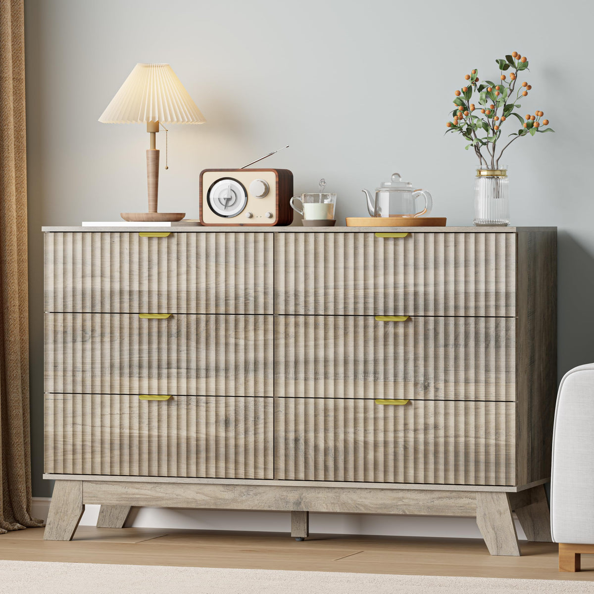 IAISRO 57-Inch Fluted 9-Drawer Dresser with Gold Handles