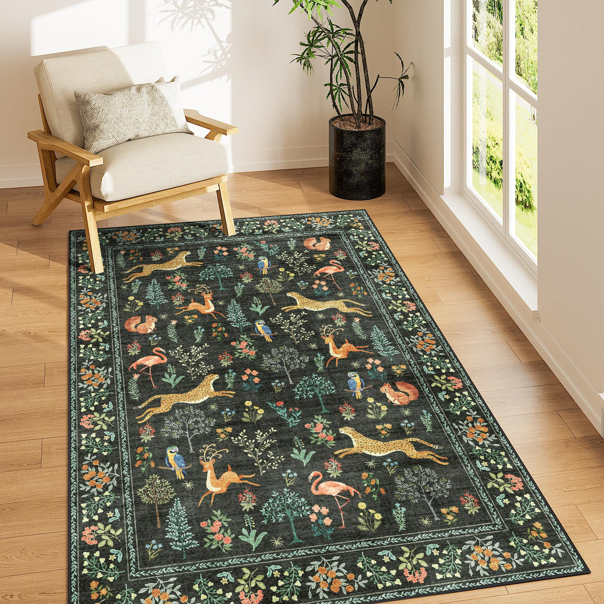 DUKINO Black Floral Area Rug for Modern Home Decor