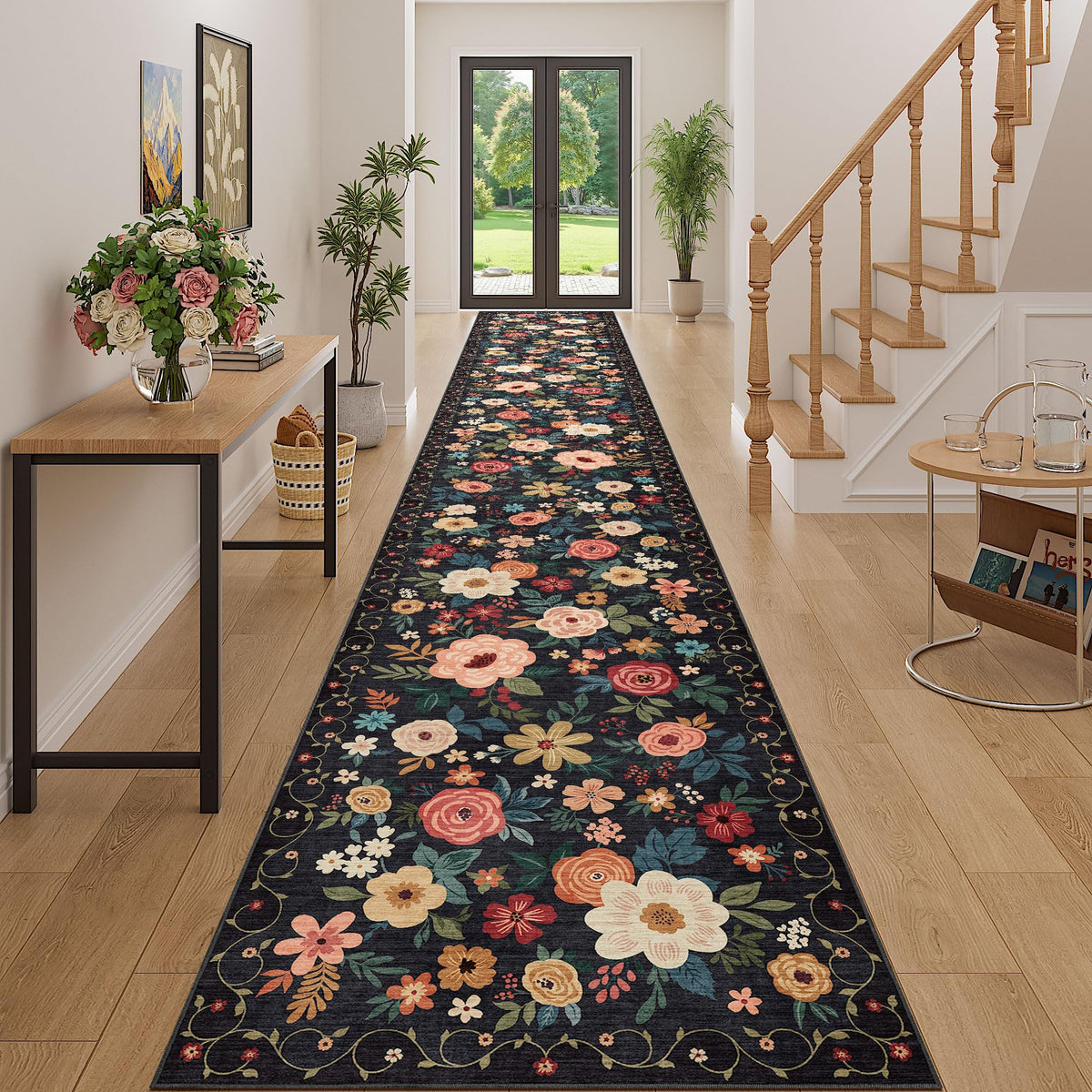DUKINO Black Floral Area Rug for Modern Home Decor