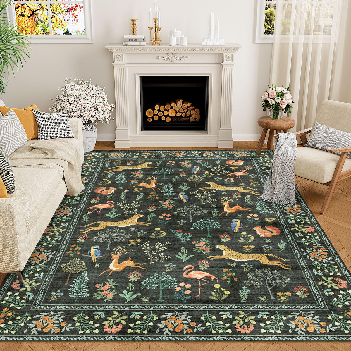 DUKINO Black Floral Area Rug for Modern Home Decor