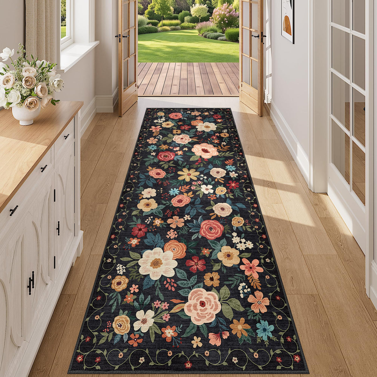 DUKINO Black Floral Area Rug for Modern Home Decor
