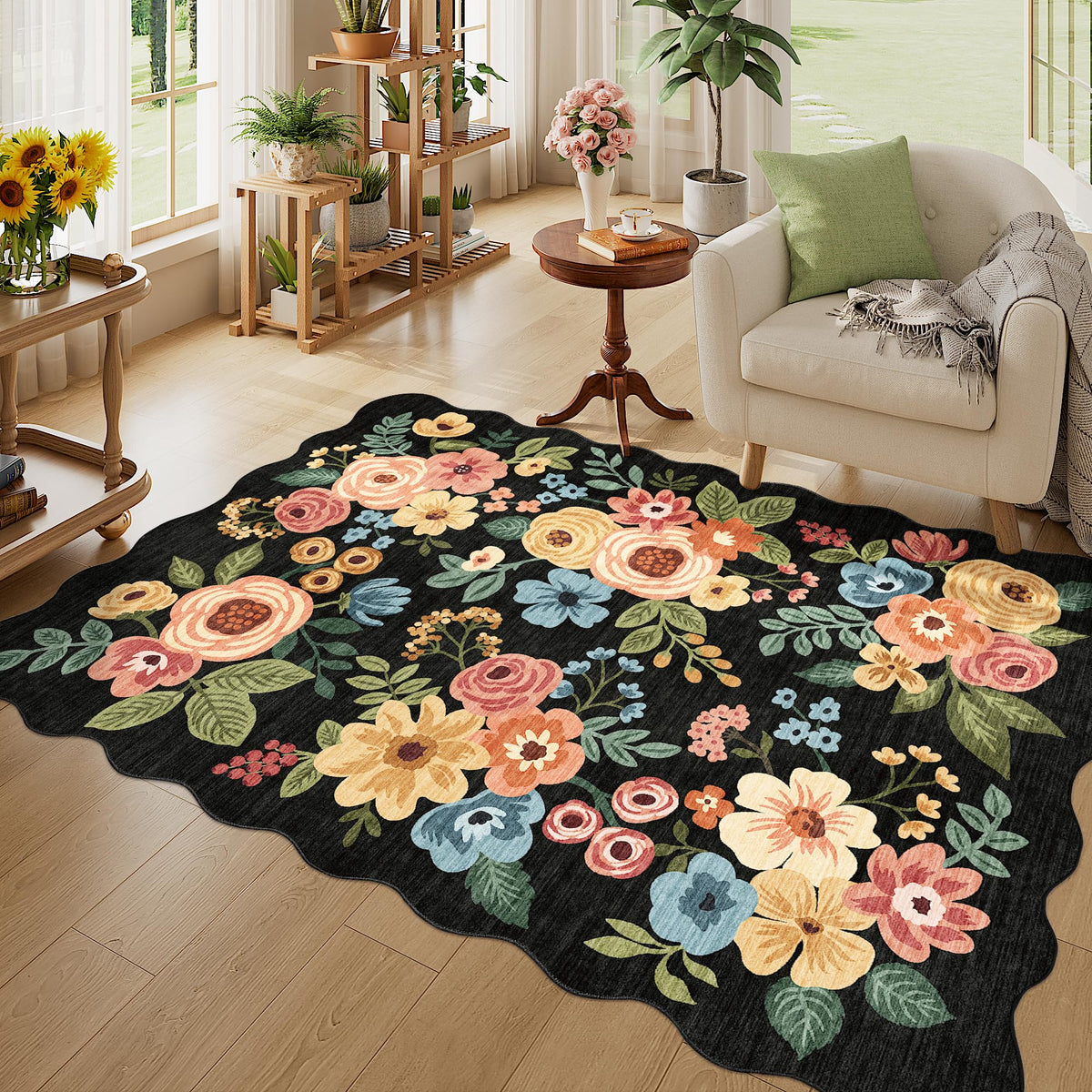 DUKINO Black Floral Area Rug for Modern Home Decor
