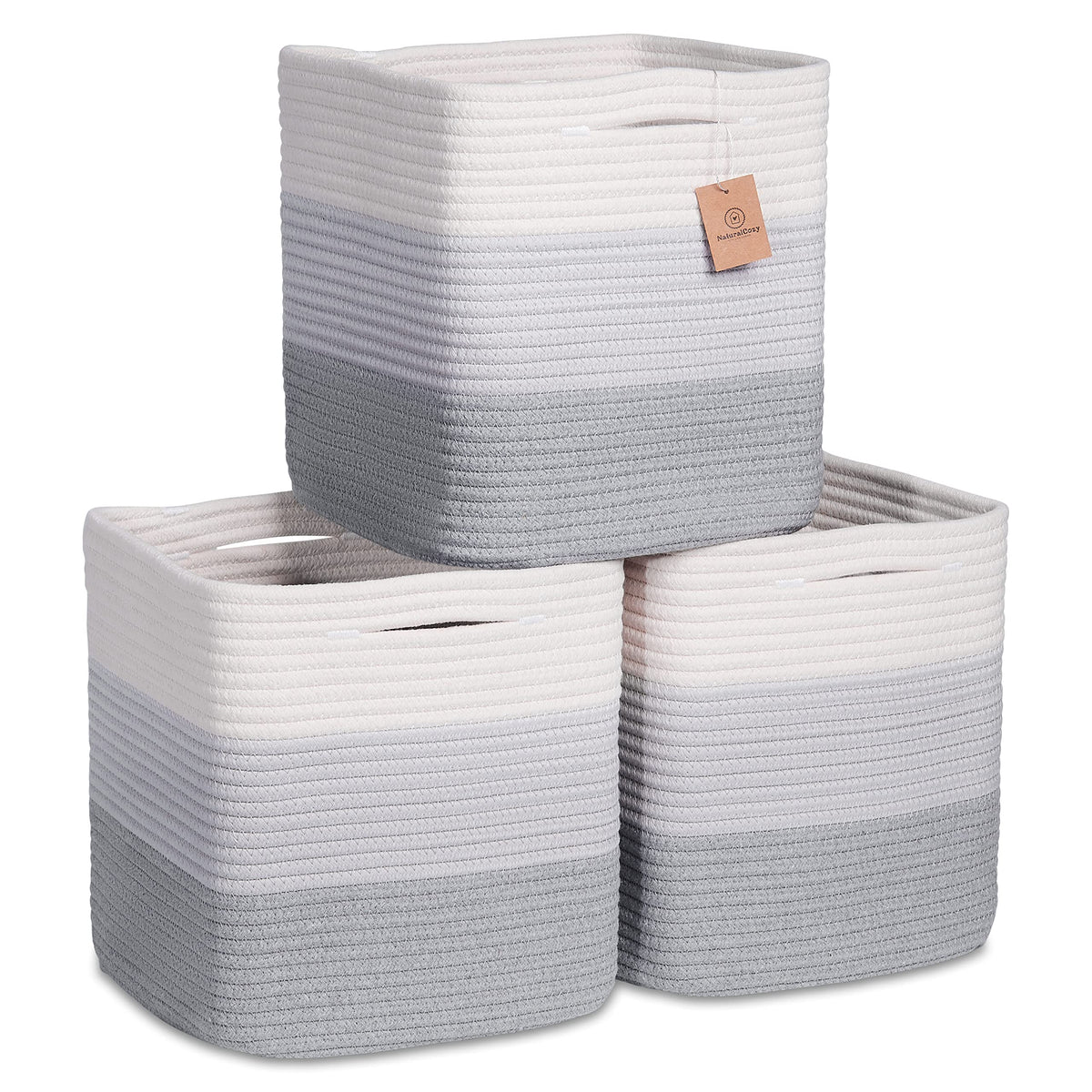 NaturalCozy 11-Inch Cube Rope Storage Baskets, 3-Pack