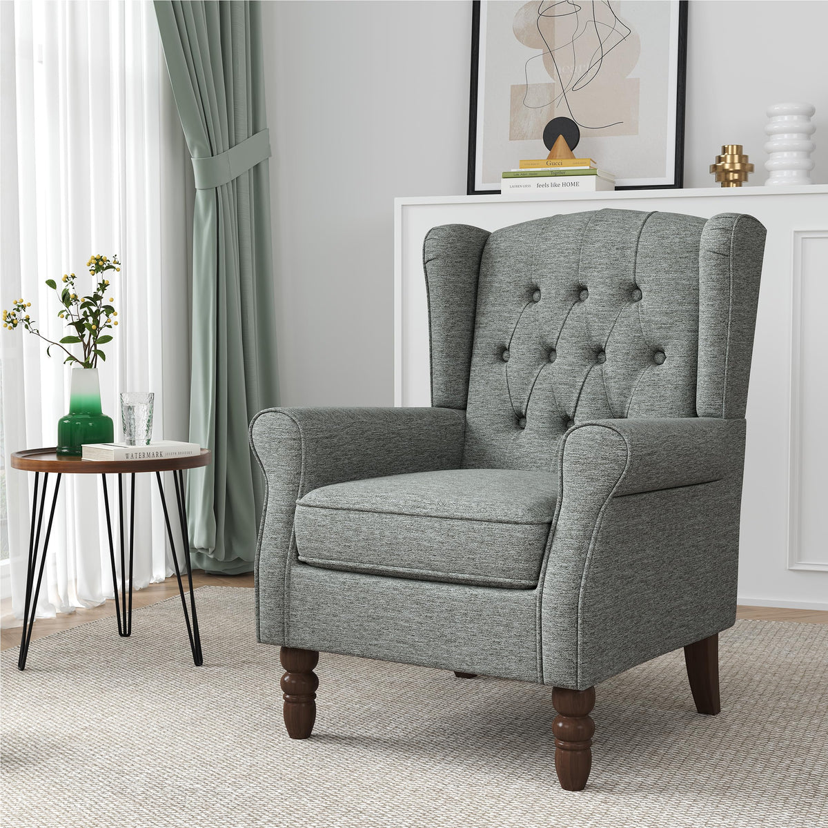 Qatiby Tufted Wingback Accent Chair, High Back Armchair for Living Room