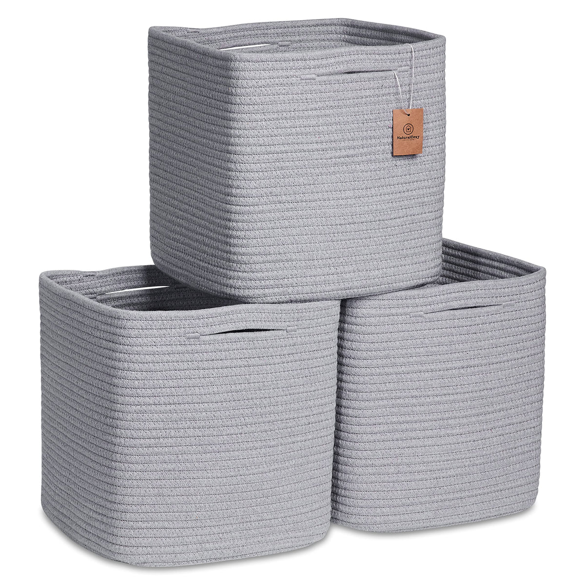 NaturalCozy 11-Inch Cube Rope Storage Baskets, 3-Pack