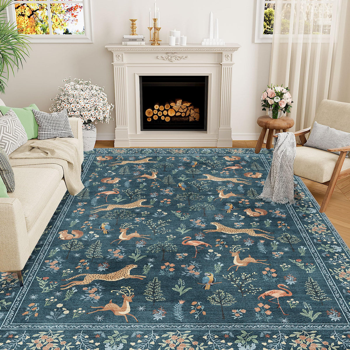 DUKINO Black Floral Area Rug for Modern Home Decor