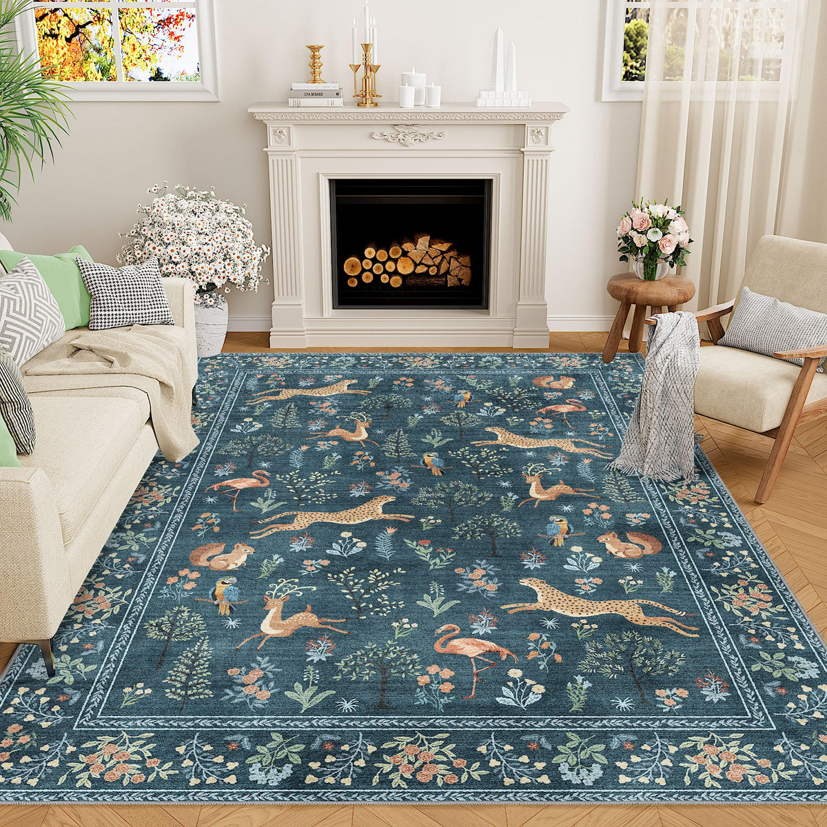 DUKINO Black Floral Area Rug for Modern Home Decor