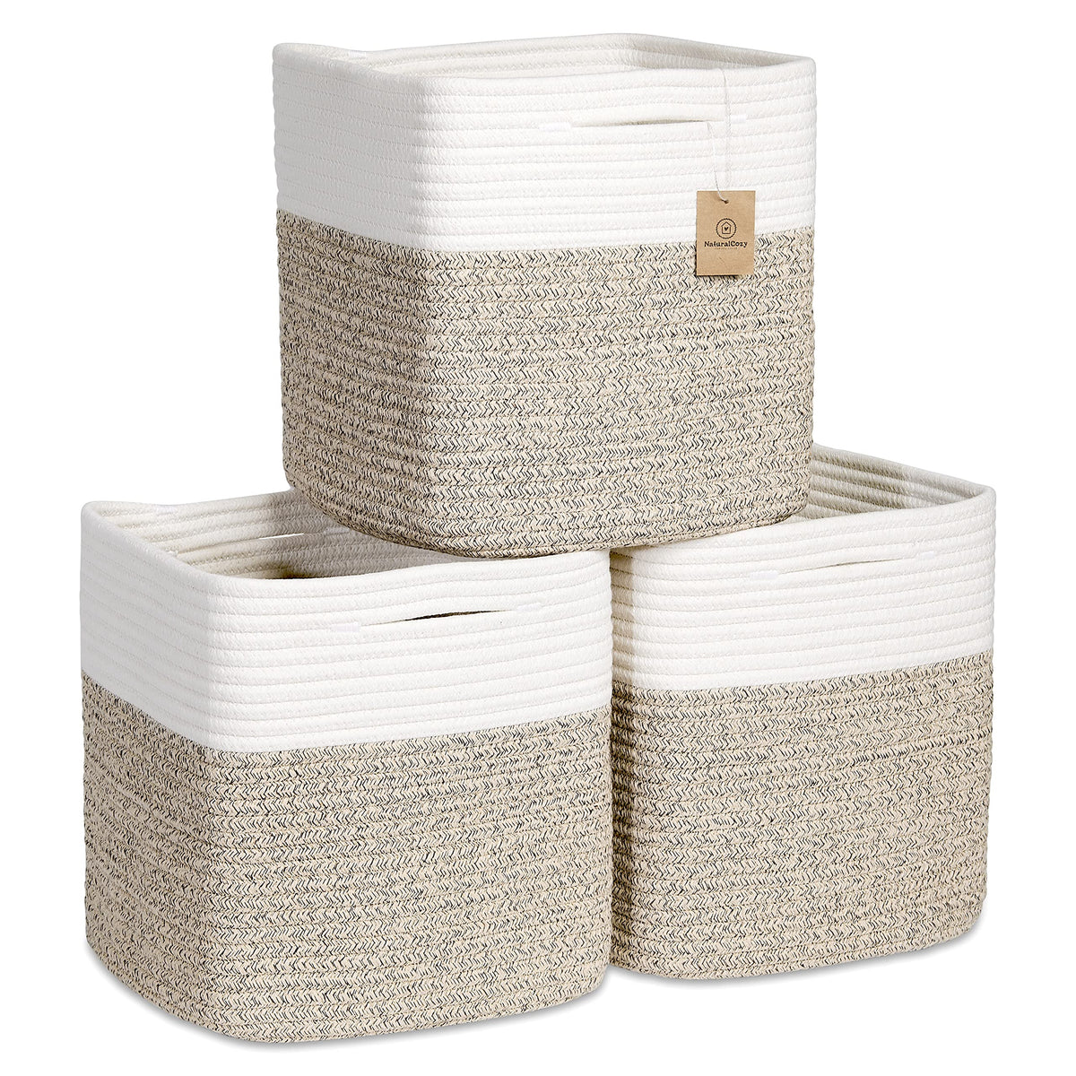 NaturalCozy 11-Inch Cube Rope Storage Baskets, 3-Pack