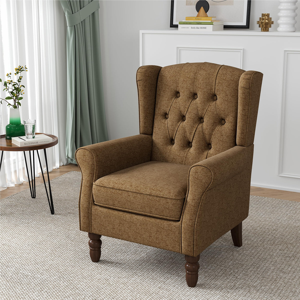Qatiby Tufted Wingback Accent Chair, High Back Armchair for Living Room
