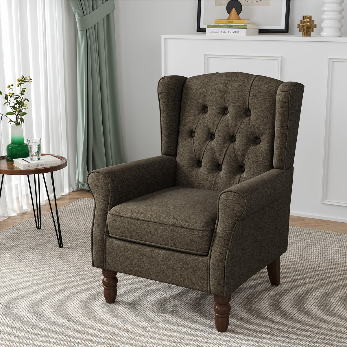 Qatiby Tufted Wingback Accent Chair, High Back Armchair for Living Room