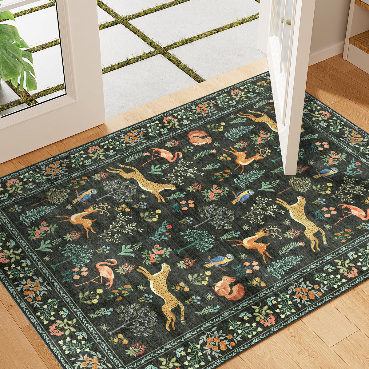 DUKINO Black Floral Area Rug for Modern Home Decor