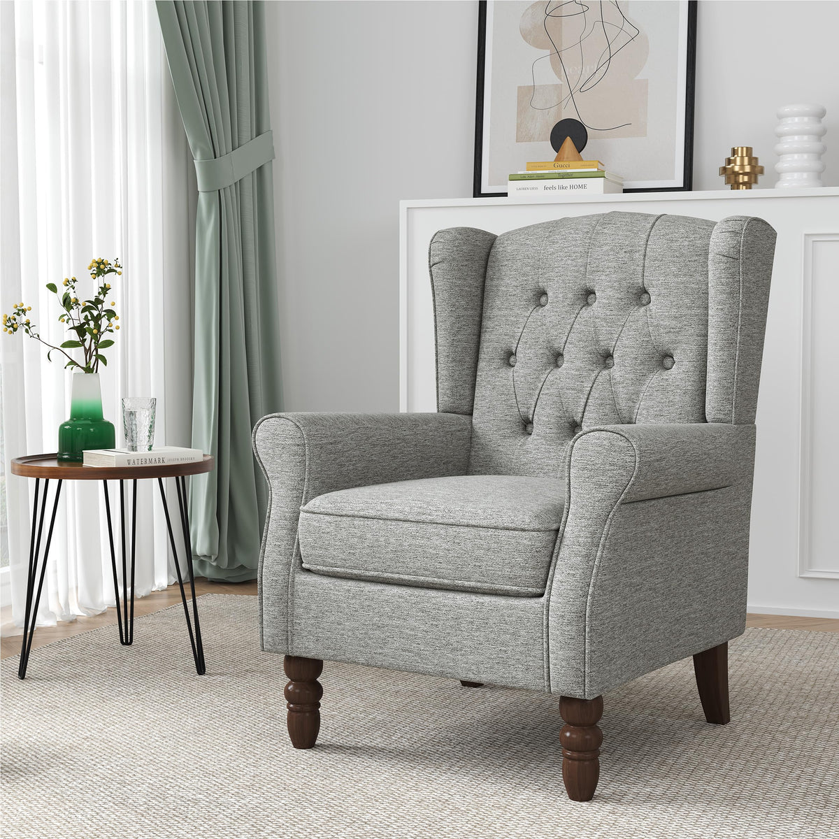 Qatiby Tufted Wingback Accent Chair, High Back Armchair for Living Room